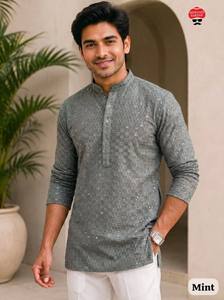 Kurta Corta Premium de Rayón con Bordado Chikan para Hombre, con Mangas Largas, Bolsillos Laterales Dobles y Ajuste Étnico Cómodo - Product Image 1
