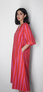 Women Striped Bohemian Midi Dress V Neck Loose Fit Casual Summer Kaftan Cotton Linen Eco-Friendly Wholesale ODM Supplier Indian - Product Image 2