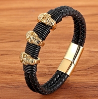 Bracelet en cuir véritable noir double couche pour jeune homme, motif crâne X, en acier inoxydable personnalisé, style streetwear, vente en gros