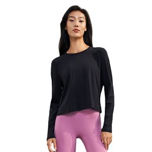 Haut de yoga pour femme, logo personnalisé, léger, manches longues, antibactérien, en spandex/nylon, col rond, ample, uni, vêtements de yoga de fitness - Product Image 4