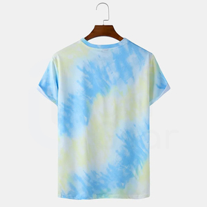 เสื้อยืดแขนสั้นผู้ชาย ลายมัดย้อม คอกลม ผ้าถัก สวมใส่สบาย ทรงปกติ สีน้ำเงิน-เหลือง - Product Image 3