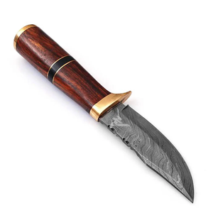 Couteau de chasse artisanal en acier Damas, à lame fixe, avec manche en bois et accents en laiton, outil de survie en plein air - Product Image 2