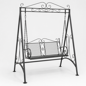 Outdoor Wrought Iron Garden <b>Swing</b> Bench With Ornate Scrollwork A <b>Frame</b> Chain Hanging Porch Patio Seat Furniture - Product Image 3