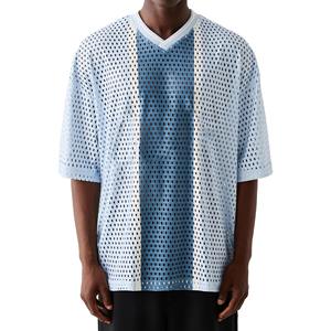 Custom Mesh V Neck T Shirt Contrast Panel Breathable Short Sleeve Sports Jersey Streetwear Wholesale - Product Image 3
