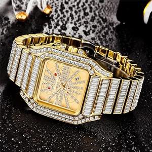 Montre de luxe style Hip Hop carrée en acier inoxydable doré, avec mouvement ETA, entièrement sertie de diamants baguette, style Bling Bling Rapper - Product Image 3