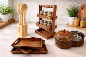 Hand Carved Wooden Kitchen Set – <b>Spice</b> Rack, Serving <b>Trays</b>, Utensils Holder - Product Image 2