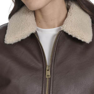 Veste en cuir véritable marron pour homme, doublée en sherpa, col rabattu, poignets zippés, manteau d'hiver vintage - Product Image 6