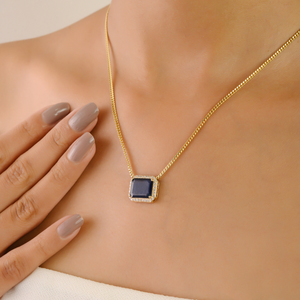 Collar con Colgante Halo de Zafiro Azul y Diamantes, Diseño Exclusivo OEM ODM, Cadena Cubana Miami, Oro Amarillo Sólido K14 - Product Image 6