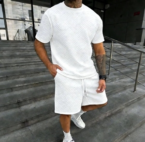 Mens 2-Piece <b>Knitted</b> Polyester/Cotton Solid T-Shirt <b>Set</b> Slim Fit Casual Summer Crew Neck Customized Printing 220-240 Fabric - Product Image 3