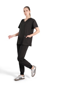 Ensemble de blouses médicales noires pour femmes, haut à col en V avec poches et pantalon de jogging, uniformes d'hôpital, tissu polyester tissé - Product Image 2