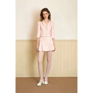 Nouvelle conception KS43, taille haute, manches régulières, col à revers, tweed épais rose pastel, mini robe Vietnam SERENA, ensemble robe en tweed rose pastel - Product Image 4