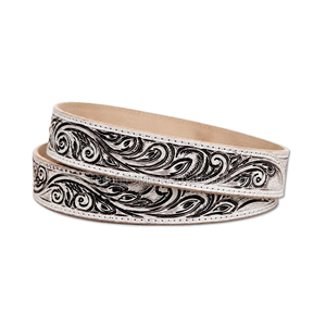 Cinturón de Cuero Premium Vintage con Grabado Floral Estilo Western, Bicolor Blanco y Negro, Cinturón Vaquero de Diseño con Hebilla Plateada Pulida para - Product Image 2