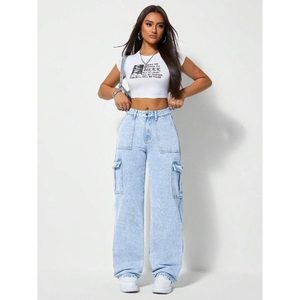Jeans cargo pour femmes en denim bleu glace style rétro vintage multipoches, écologiques, respirants, style streetwear, 100% coton - Product Image 6