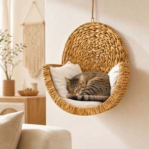 Lit pour chat en jacinthe d'eau, panier suspendu en jonc de mer naturel tressé, panier de couchage surélevé en osier pour animaux de compagnie, hamac pour chat, mobilier d'intérieur - Product Image 6