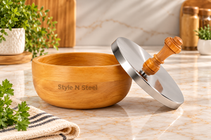 Bol rond en bois avec couvercle en acier inoxydable et bouton en bois, plat de service poli pour la cuisine et la salle à manger - Product Image 4