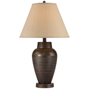 Ensemble de lampes de table classiques en forme de vase, en métal bronze martelé, avec abat-jour en lin naturel, pour salon et chambre. - Product Image 1