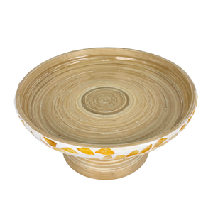 Bol de fruits rond en bambou fait à la main avec piédestal d'incrustation de Capiz de feuille jaune pour la décoration intérieure de cuisine pour les fêtes - Product Image 2