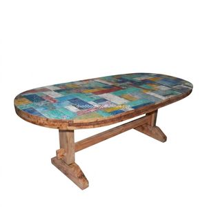 Mesa de Comedor de Madera Artesanal, Modelo Ovalado, 2 Niveles, Diseño Patchwork, Desmontable, Madera Reciclada de Barco, Diseño Sostenible y Ecológico - Product Image 1