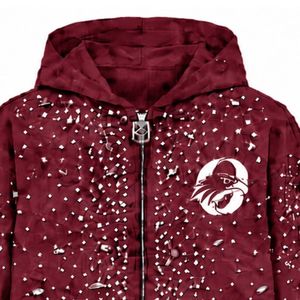 Sweat-shirt à capuche zippé bordeaux orné de perles, veste streetwear à manches longues avec poches avant - Product Image 3