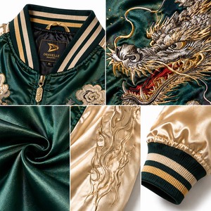 Chaqueta Sukajan Japonesa Personalizada, Chaqueta Bomber con Bordado de Dragón en Satén Esmeralda - Product Image 5