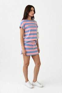 Women's Pink Blue Striped Short Sleeve Top And Drawstring Skirt Two Piece Casual <b>Set</b> - Product Image 2
