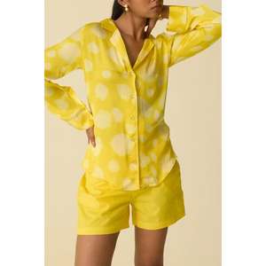 Women Yellow Printed <b>Shirt</b> Shorts Set <b>Long</b> <b>Sleeve</b> Button Down Top <b>With</b> Shorts Summer Casual Ladies Co Ord Set - Product Image 2