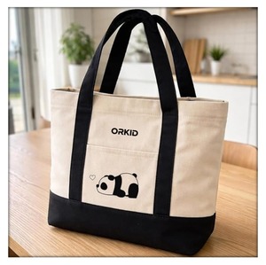 ORKID Custom Logo <b>Medium</b> Cotton Canvas Tote <b>Bag</b> Reusable <b>Shoulder</b> Handbag Contrast Handle Zipper Travel Letter Pattern - Product Image 4