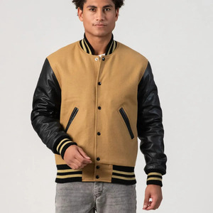 Blouson Bomber Varsity pour Homme en Laine Noire et Cuir, Corps en Laine Premium, Manches en Cuir Véritable, Poignets Côtelés et Boutons Pression, Style Urbain - Product Image 1