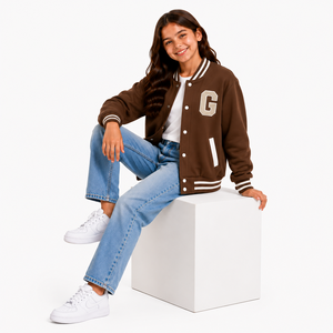 B.B INDUSTRY Teal White Letter B Embroidery Denim Varsity Jacket Preppy Style Turn-down Collar <b>Covered</b> <b>Button</b> Closure Regular - Product Image 3