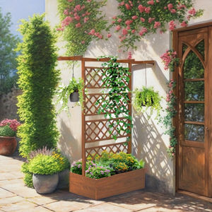 Jardinière surélevée en bois avec treillis pour jardin extérieur, bac à fleurs autoportant avec panneaux grillagés pour patio - Product Image 6