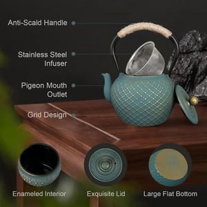 Théière japonaise en fonte de 40 oz avec infuseur en acier inoxydable, design grille Tetsubin, bleue, pour cuisinière, bouilloire à thé en vrac - Product Image 2