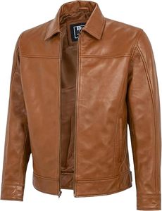 Chaqueta de Motociclista Debid para Hombre, de Cuero Genuino Marrón, con Cuello Camisero, Cierre de Cremallera, Estilo Sólido para Otoño, Largo Regular - Product Image 4