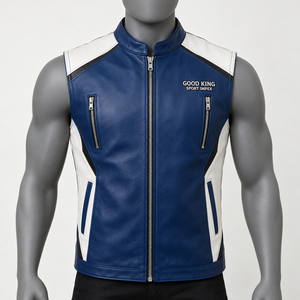 <b>Men's</b> Autumn Blue <b>White</b> Leather Biker Style <b>Vest</b> Stand Collar Sleeveless Zip Waistcoat Contrast Shoulder Side Panels Chest Zip - Product Image 1