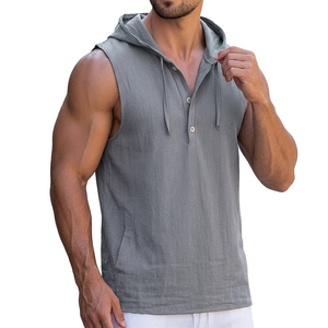 Débardeur Henley sans manches à capuche pour homme, en jersey slub, sur mesure, prix de gros, OEM, pour la musculation et la gym - Product Image 6
