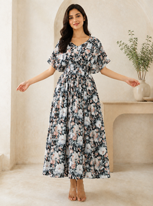 Robe MIDI Femme Imprimé Floral 2026 de Haute Qualité en Gros, Manches Courtes Volantes, Col en V, Couleur Blanche, Confortable, Vêtements Féminins - Product Image 4