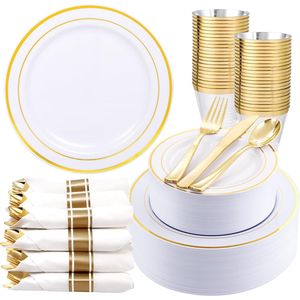 Set di Stoviglie Monouso Dorate da 350 Pezzi per 50 Ospiti, Include 50 Piatti per Cena e Dessert, Posate e Accessori Pre-Preparati - Product Image 1