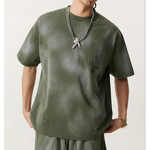 เสื้อยืดคอกลมทรงโอเวอร์ไซส์ ผ้าถักลายบาติกวินเทจ ปักโลโก้ตามสั่ง ย้อมสีซีดแบบดิสเทรส ซักแบบวินเทจ ผ้าหนา ทนทาน สำหรับผู้ชาย - Product Image 1