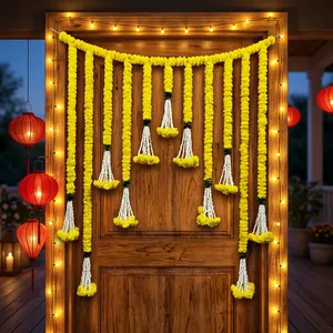 Traditional Yellow Marigold Flower Toran with Pearl Tassel Hangings for Wedding Festival <b>Home</b> Entrance Wall Decoration - Product Image 4