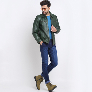 Chaqueta de Motociclista de Cuero Vacuno Verde para Hombre, Cuello Camisero, Cierre de Cremallera, Manga Regular, Estilo Biker Otoñal, Color Sólido, Corte Ajustado - Product Image 3