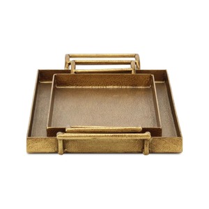 2 bandejas decorativas rectangulares de latón dorado con asas de hojas y ramas de frutas, artesanía metálica - Product Image 5