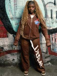 <b>Top</b> Trendy Custom Logo Distress Embroidery Women's Heavyweight Stacked Joggers Sets Rhinestone <b>Zipper</b> Tracksuits for Women Suits - Product Image 3