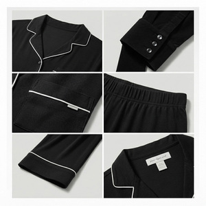 Conjunto de Pijama de 2 Piezas para Mujer, Color Negro, Manga Larga, Cuello en V, Botones al Frente, Color Sólido, Ropa Casual para Estar en Casa, Invierno, Corte Regular, 100% Algodón - Product Image 5