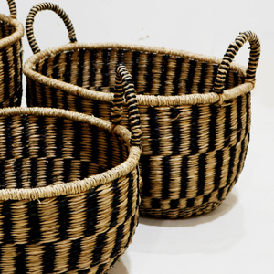 Seagrass <b>Storage</b> <b>Baskets</b> Set of 3 <b>Rectangular</b> Bohemian Style Woven <b>Baskets</b> with Handles for Home Organization Living Room Decor - Product Image 2