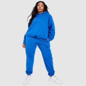 Women Plus Size Blue Hooded Tracksuit Set Casual Full Sleeve Joggers With Pockets Autumn Solid Color Cotton Sweatshirt <b>Pants</b> - Product Image 2