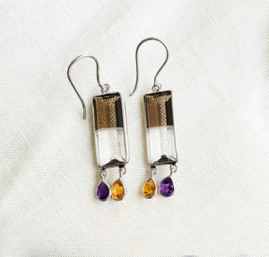 Boucles d'oreilles pendantes en cristal et quartz fumé avec franges de pierres précieuses multi-saphirs pour femmes, boucles d'oreilles tendance - Product Image 1