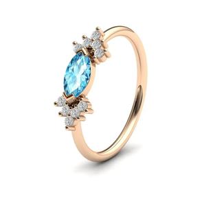 Anillo de Compromiso de Plata de Ley 925 con Topacio Azul Natural, Corte Marquesa, Halo de Oro Macizo, Diseño Hecho a Mano, Joyería, Regalos para el Día de San Valentín - Product Image 1
