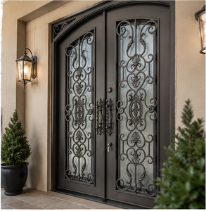 Elegante Puerta Doble de Entrada de Hierro Forjado con Paneles de Vidrio Esmerilado con Trabajos Decorativos, Puerta de Seguridad de Entrada Principal de Lujo - Product Image 2