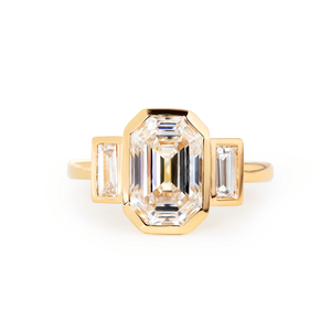 3ct Emerald Cut Lab Grown Diamond Three <b>Stone</b> Ring 14K Yellow Gold IGI Certified Bezel Set Engagement Ring with Baguette diamond - Product Image 3