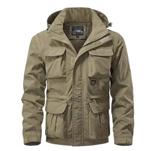 Veste Safari à Capuche Vert Olive pour Homme, Coupe-Vent en Polyester Rembourré, Style Vêtement de Travail, Fermeture Éclair, Multiples Poches, Idéale pour l'Automne - Product Image 2