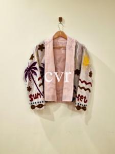 Chaqueta Bomber Bordada a Mano con Palmeras al Atardecer, Cuello Mandarín, Manga Larga, Estilo Veraniego para Adultos - Product Image 3